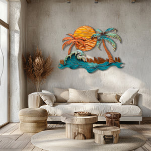 Ocean wave palm trees metal wall art with crashing wave copper sunset sun beach surf house aluminum wall decor