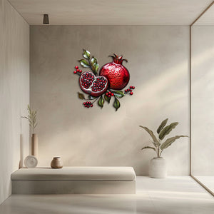 Pomegranate metal wall art with vibrant ruby-red fruit and botanical leaves for Mediterranean kitchen decor
