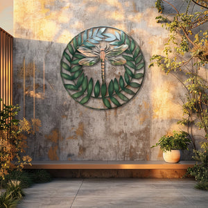 Dragonfly leaf metal wall art with botanical wreath aluminum wall decor