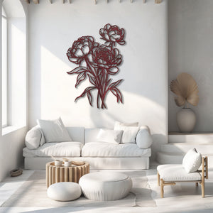 Peony outline metal wall art with elegant floral botanical line art design mounted on textured wall
