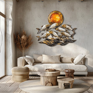 Silver fish metal wall art with ocean waves and sunset coastal aluminum wall decor