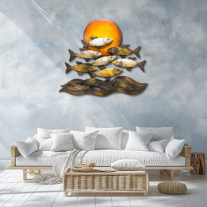 Golden sunset fish metal wall art with ocean waves coastal aluminum wall decor