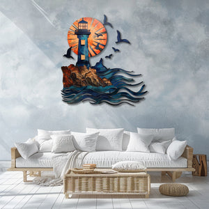 Lighthouse Seagull Ocean UV printed aluminum metal wall art for coastal beach house living room and patio decor