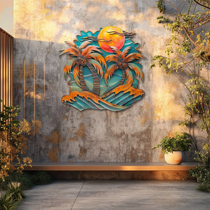 Coconut palm trees metal wall art with tropical coconuts orange sunset sky crashing turquoise waves and beach resort aluminum wall decor