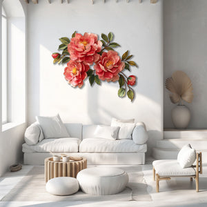 Pink peony blossom metal wall art with elegant floral branch design mounted on textured wall