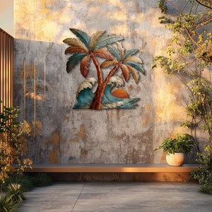 Tropical palm wave metal wall art with ocean waves and sunset coastal design mounted on wall