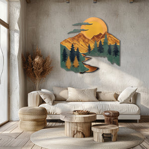 Mountain river sunset metal wall art with pine trees winding river stream and giant golden sun rustic cabin aluminum wall decor