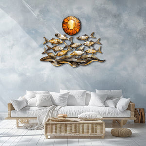 Golden coastal fish metal wall art with ocean waves and sunset nautical aluminum wall decor