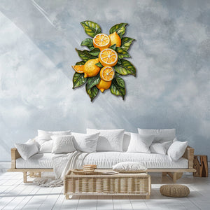 Lemon orchard metal wall art with vibrant citrus fruits and leafy botanical branches for Mediterranean kitchen decor
