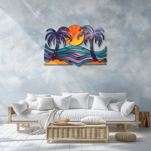 Tropical palm sunset metal wall art coastal beach decor