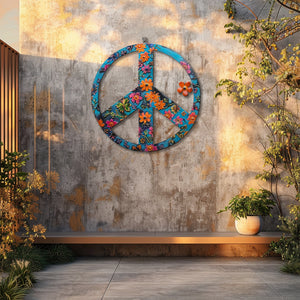 Turquoise Floral Peace Sign UV printed aluminum metal wall art for boho patio garden and living room decor