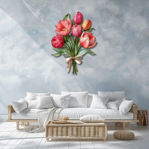 Pink tulip bouquet metal wall art with elegant floral design and ribbon bow mounted on textured wall