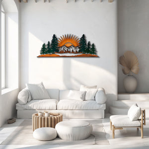 Mountain Pine Forest Sunrise UV printed aluminum metal wall art for rustic cabin patio and living room decor