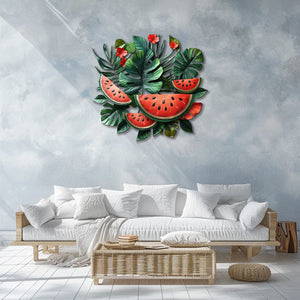 Tropical watermelon wall decor with exotic leaves for boho patio and kitchen spaces