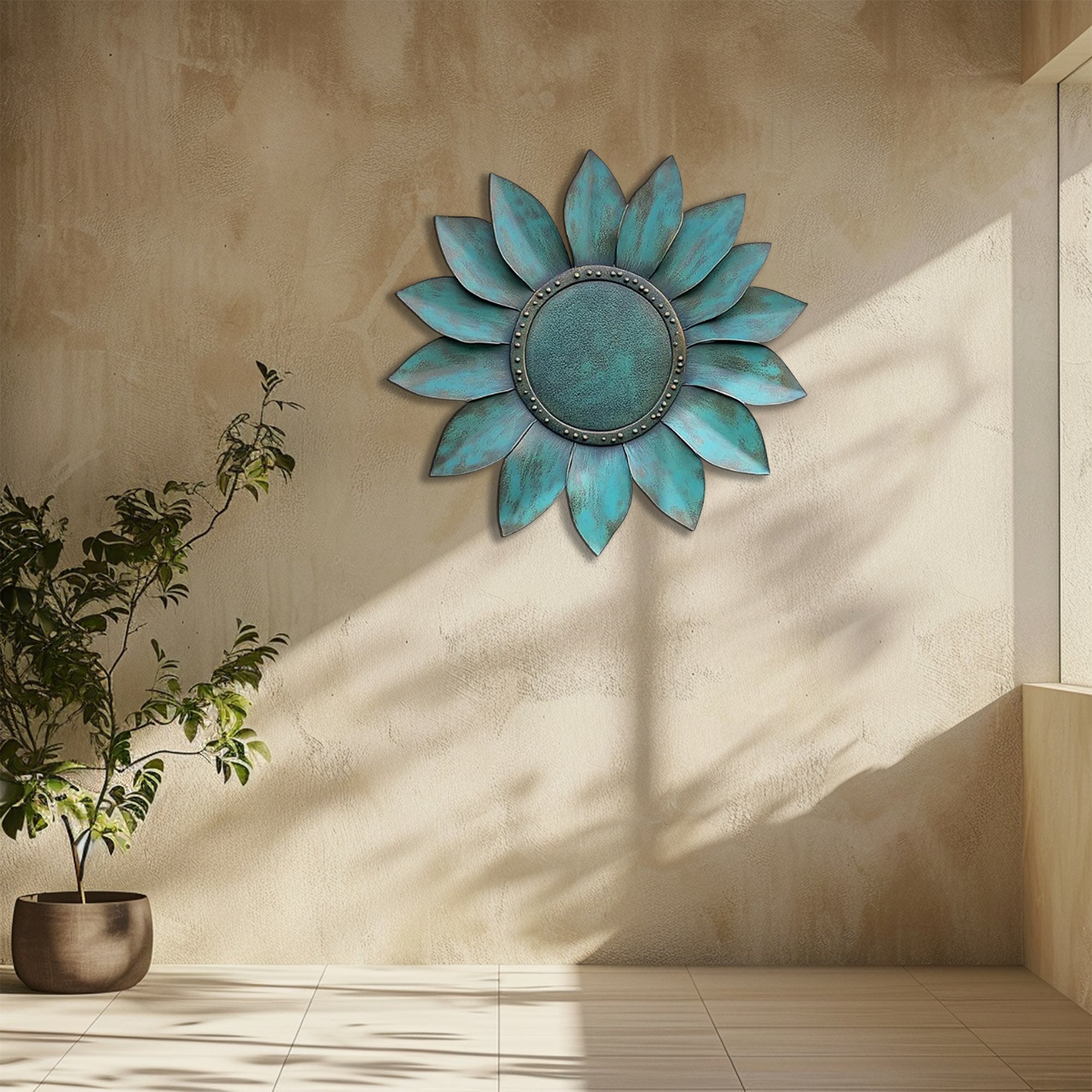 Turquoise Sunflower UV printed aluminum metal wall art for rustic garden patio and farmhouse decor 1
