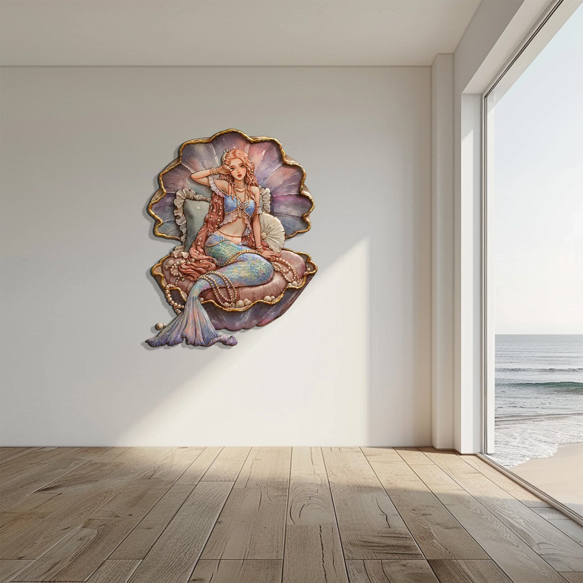 Mermaid Pearl Seashell UV printed aluminum metal wall art for ocean bedroom nursery and beach house decor 1