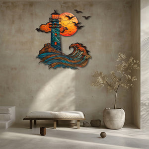 Lighthouse Ocean Wave UV printed aluminum metal wall art for coastal beach house living room and patio decor 1