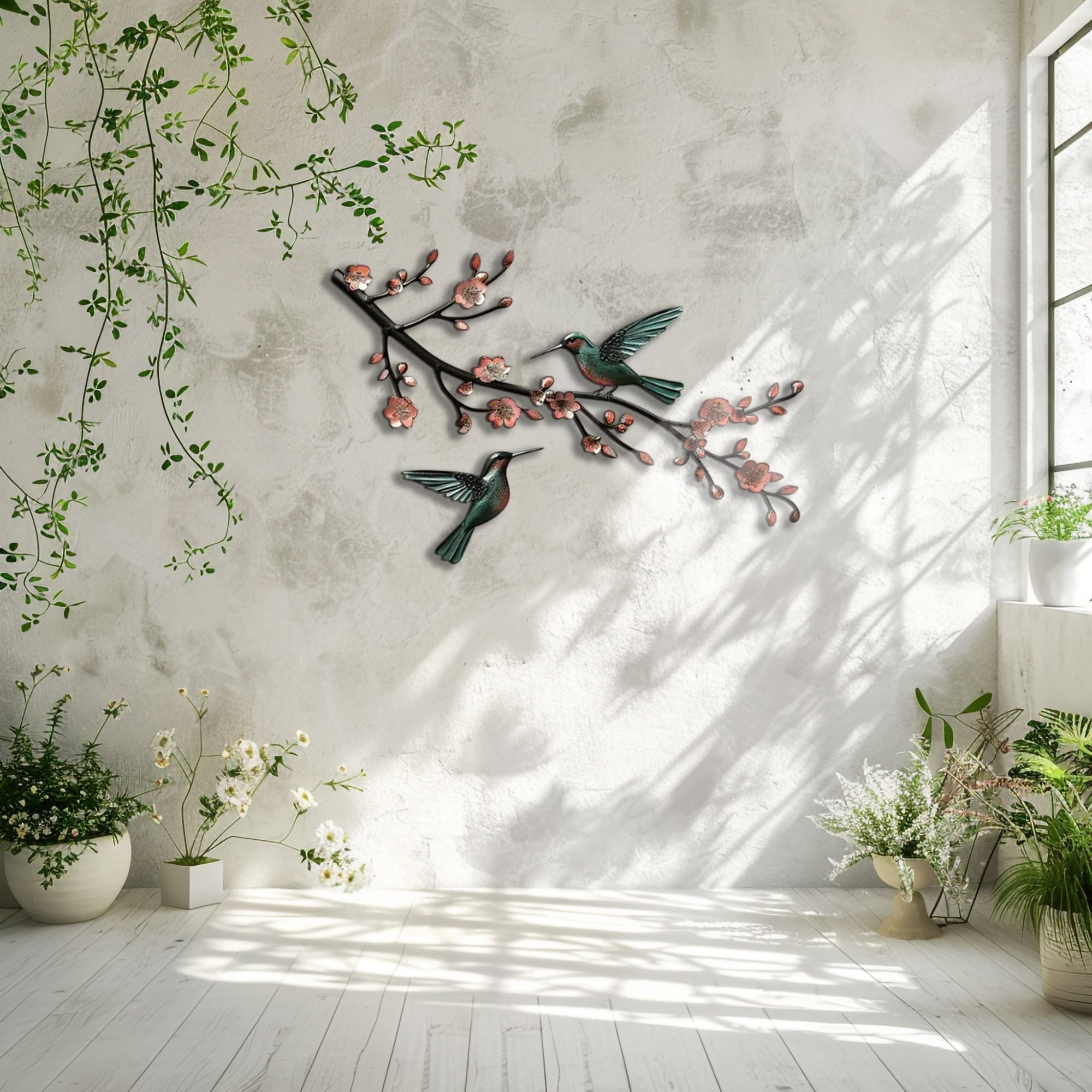 Hummingbird Cherry Blossom UV printed aluminum metal wall art for floral living room and patio decor 1