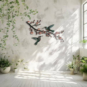 Hummingbird Cherry Blossom UV printed aluminum metal wall art for floral living room and patio decor 1
