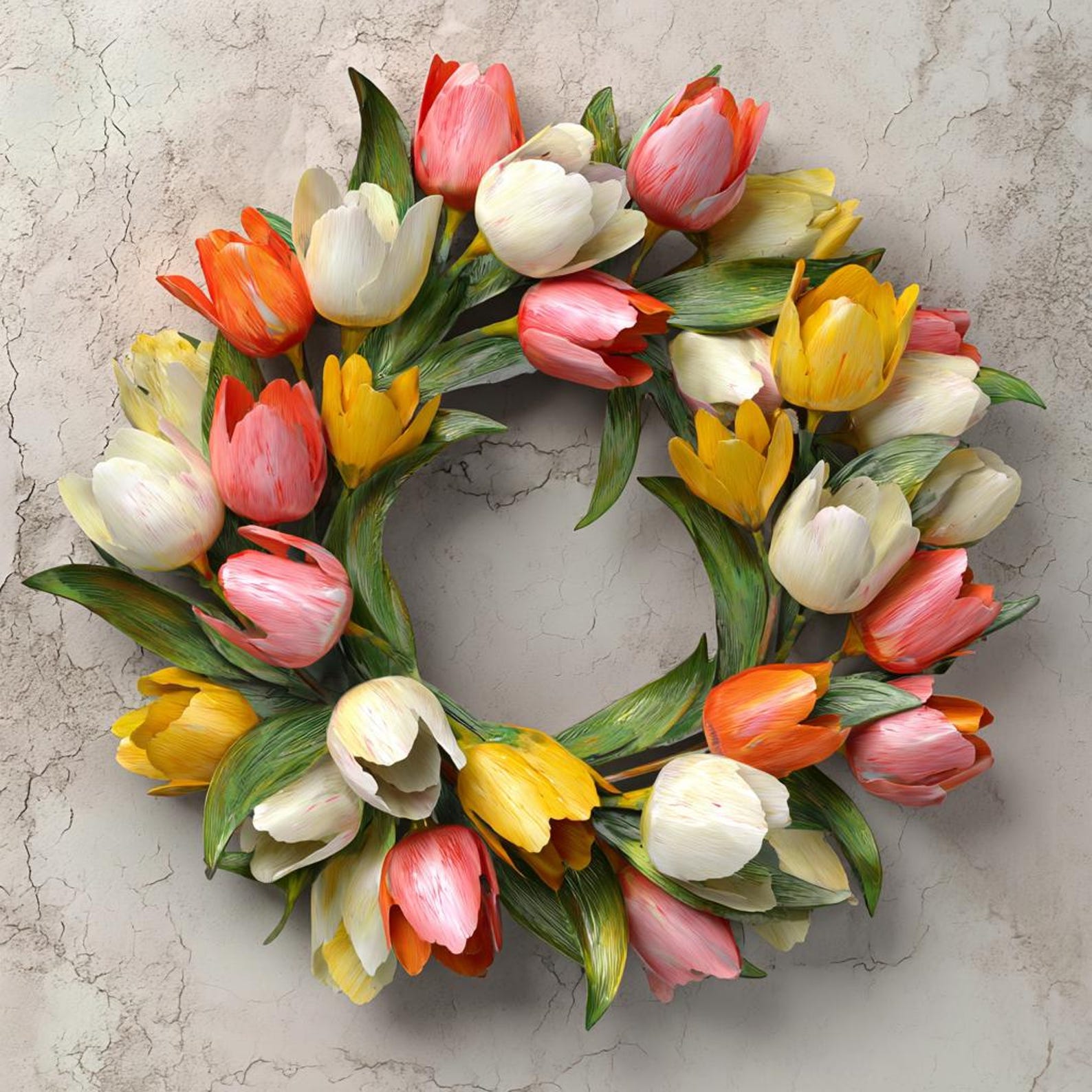 Tulip flower wreath metal wall art with colorful spring floral design mounted on textured wall 1