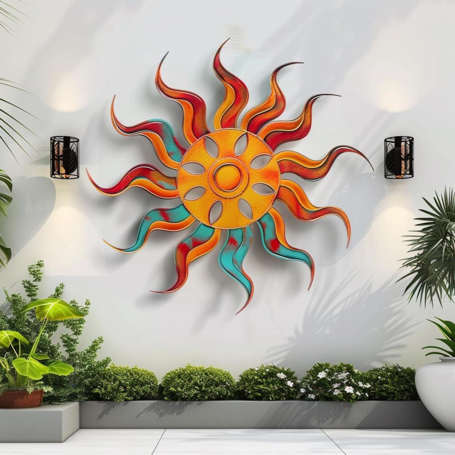 Flame Sun UV printed aluminum metal wall art for colorful patio garden and outdoor wall decor 2