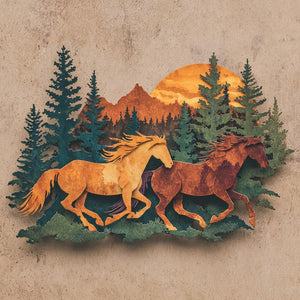 Running horses metal wall art with mountain wilderness and pine forest scenery 1