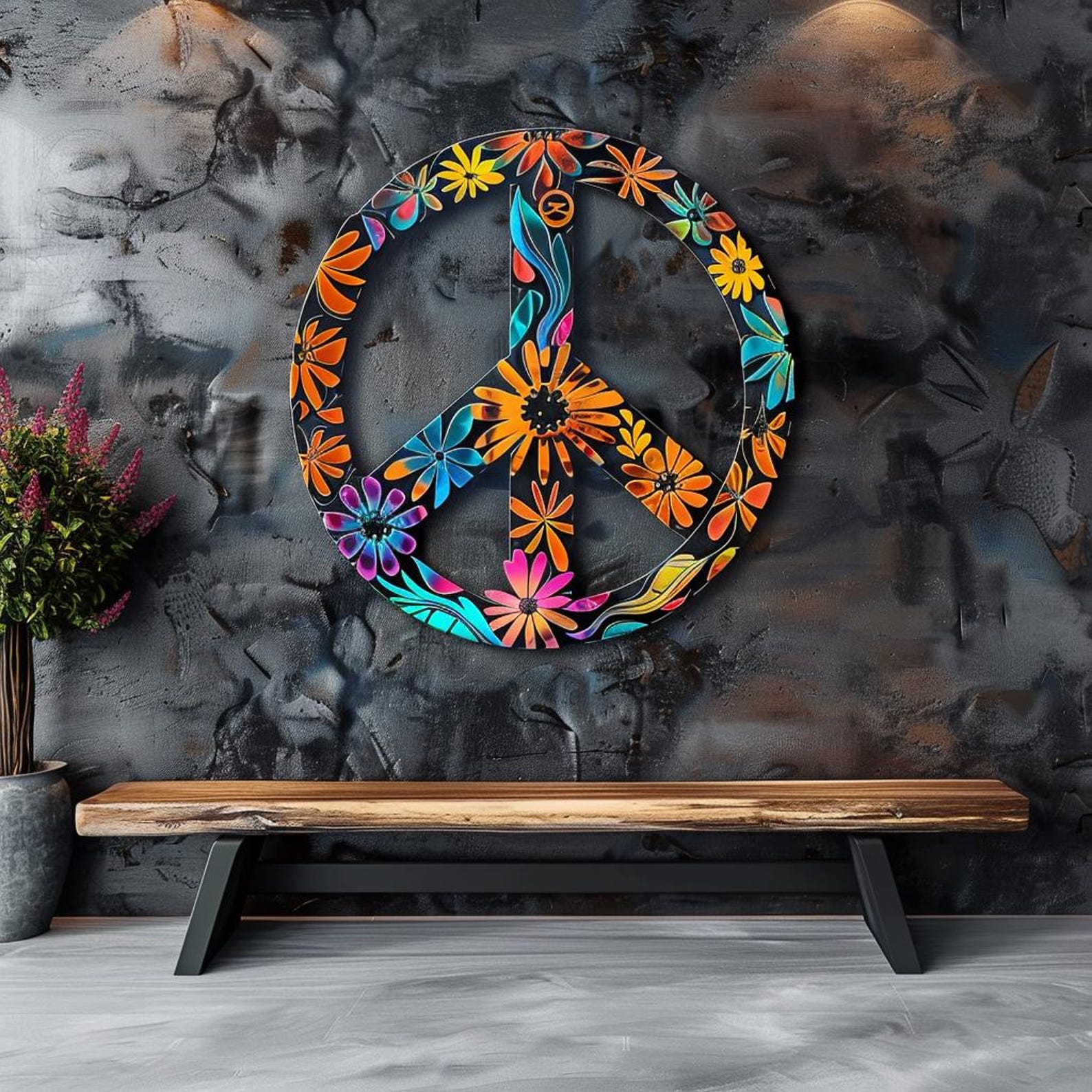 Floral Peace Sign UV printed aluminum metal wall art for colorful hippie living room bedroom and patio decor 1