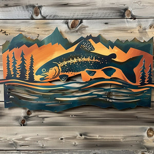 Trout fish metal wall art with jumping trout fish mountain peaks pine trees rustic cabin aluminum wall decor 1