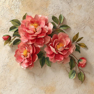 Pink peony blossom metal wall art with elegant floral branch design mounted on textured wall 1
