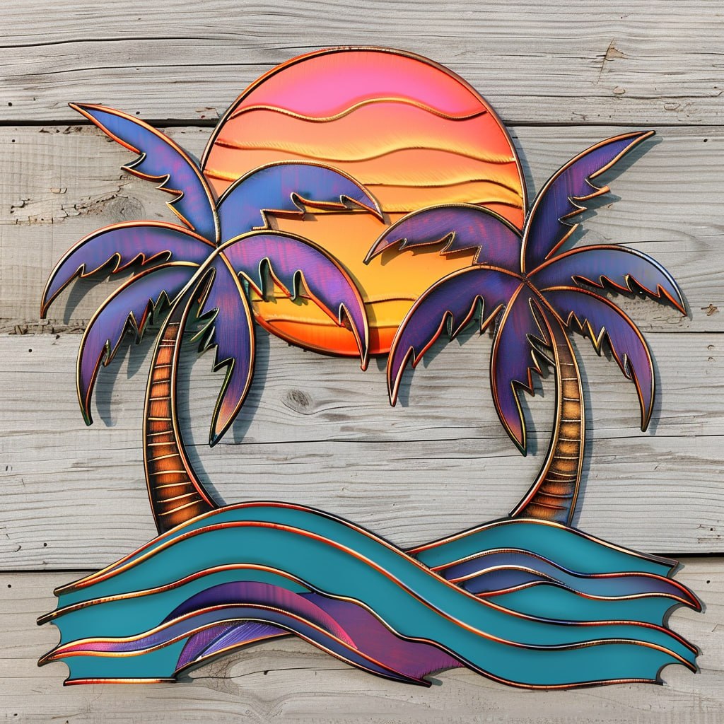 Vibrant sunset palm trees metal wall art with purple palm leaves pink sun gradient ocean waves coastal beach aluminum wall decor 1