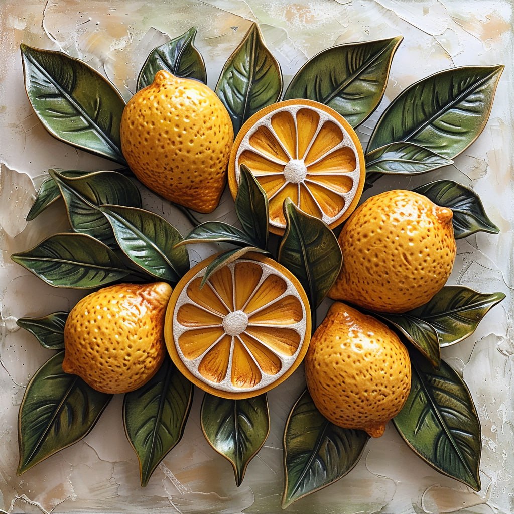 Lemon botanical metal wall art with vibrant citrus fruits and leafy branches for Mediterranean kitchen decor 1