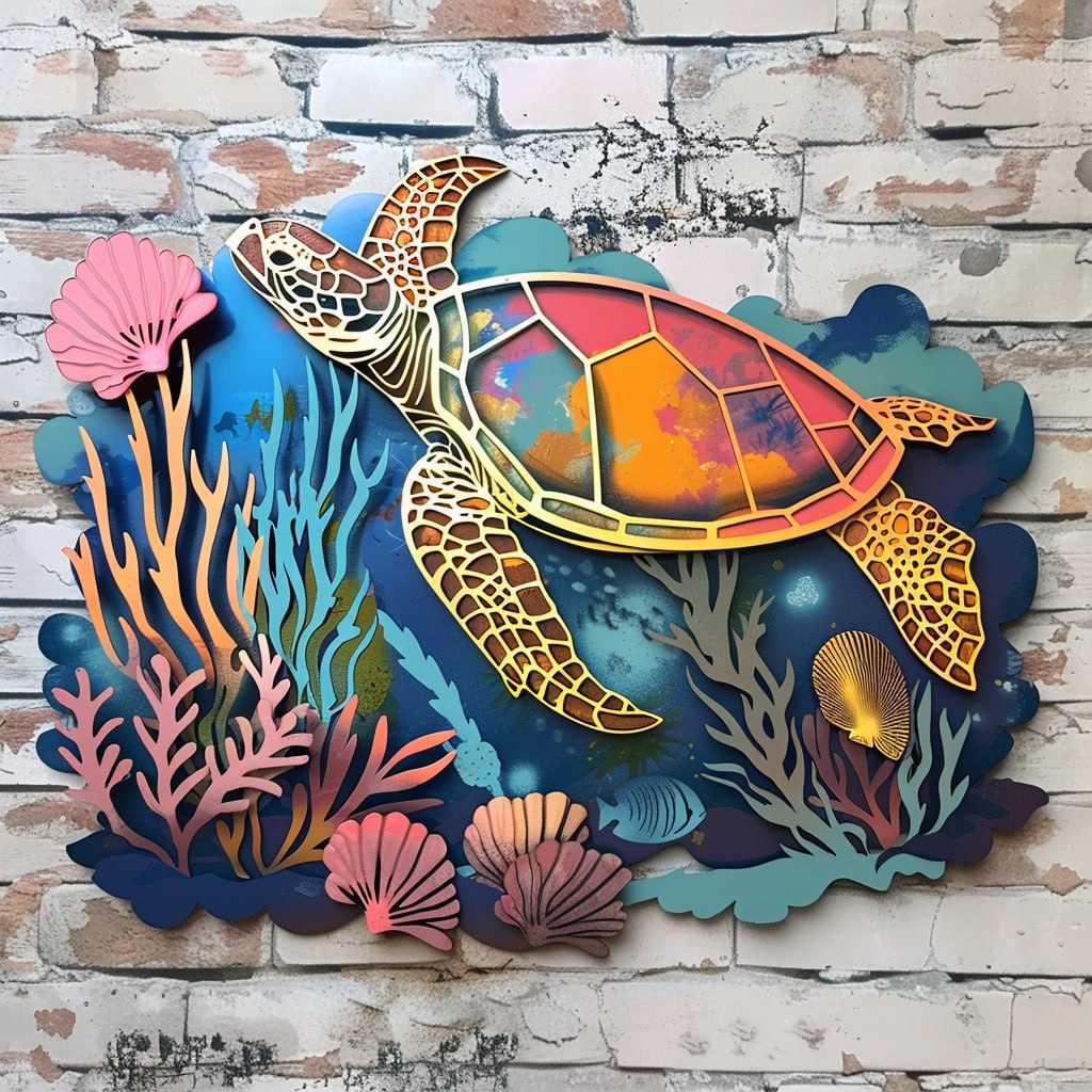Sea turtle coral ocean metal wall art coastal decor 1