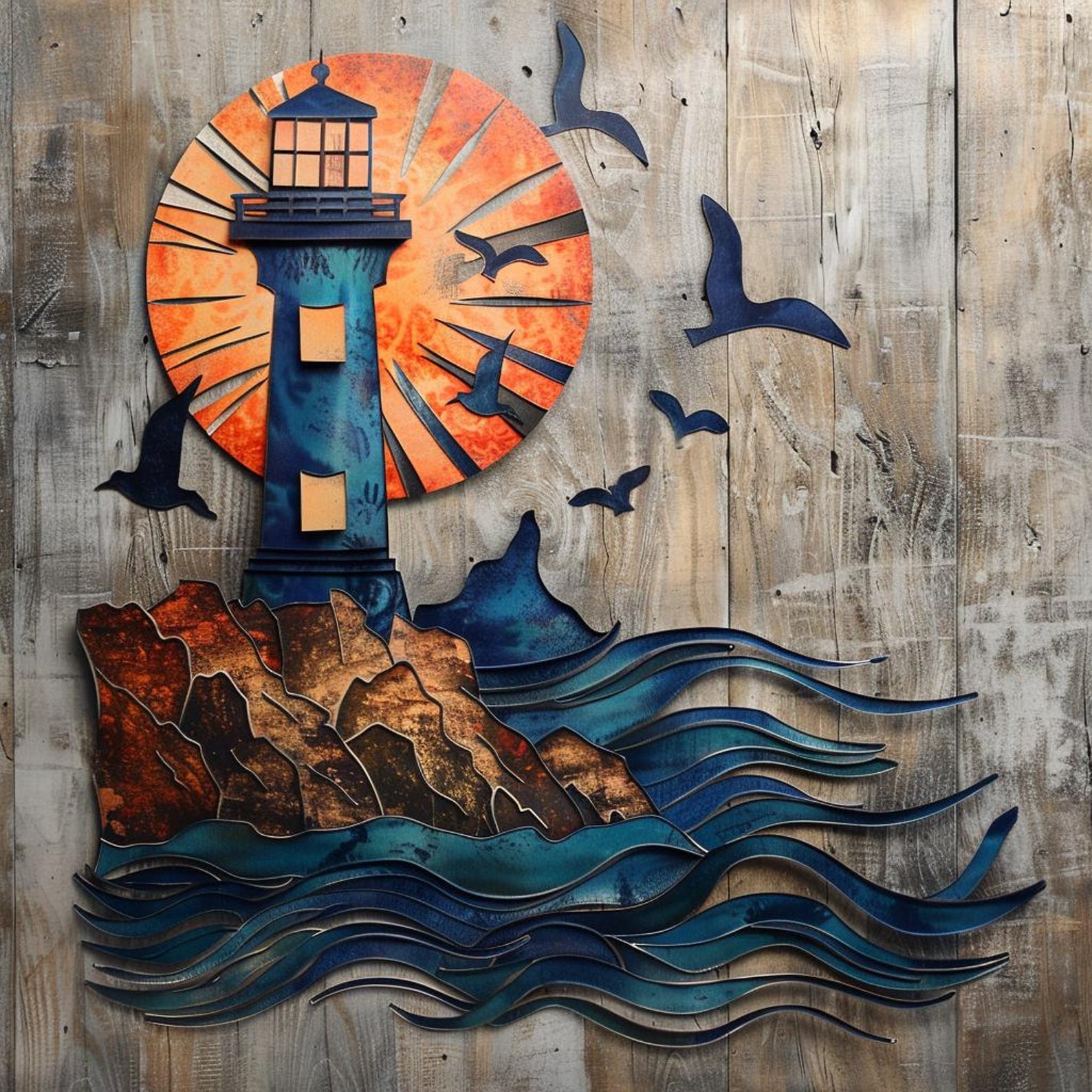 Lighthouse Seagull Ocean UV printed aluminum metal wall art for coastal beach house living room and patio decor 1