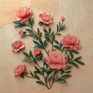 Soft pink peony metal wall art with elegant botanical floral branches mounted on textured wall 1