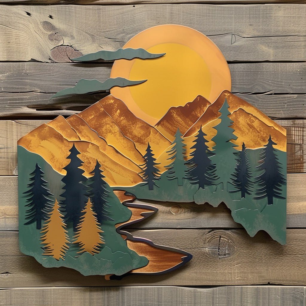 Mountain river sunset metal wall art with pine trees winding river stream and giant golden sun rustic cabin aluminum wall decor 1