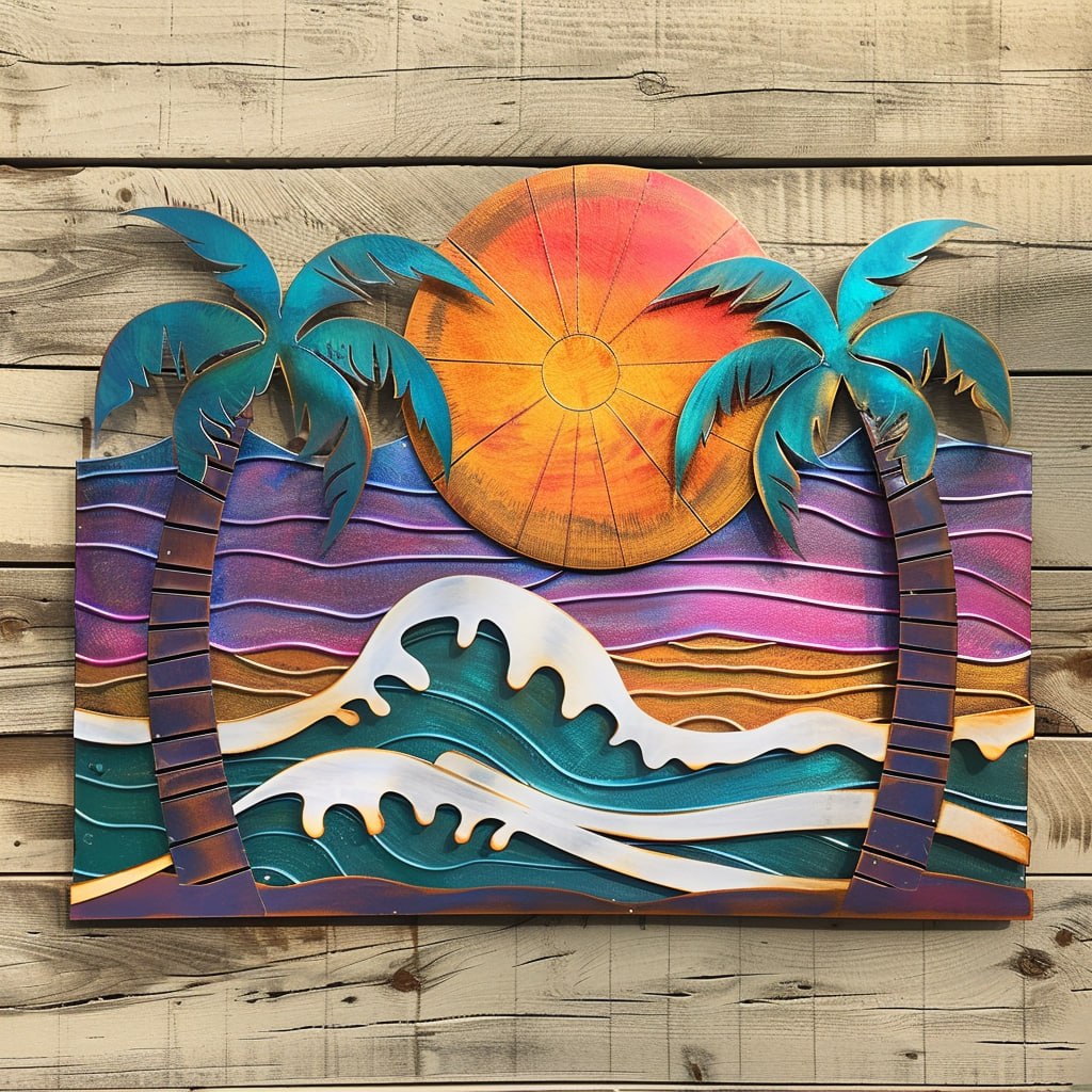 Modern ocean wave palm trees metal wall art with crashing whitecap waves purple sunset sky and framed tropical palm trees aluminum wall decor 1