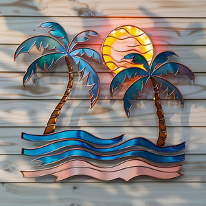 Palm trees sunset metal wall art with tropical palm trees ocean waves and golden sun coastal beach aluminum wall decor 1
