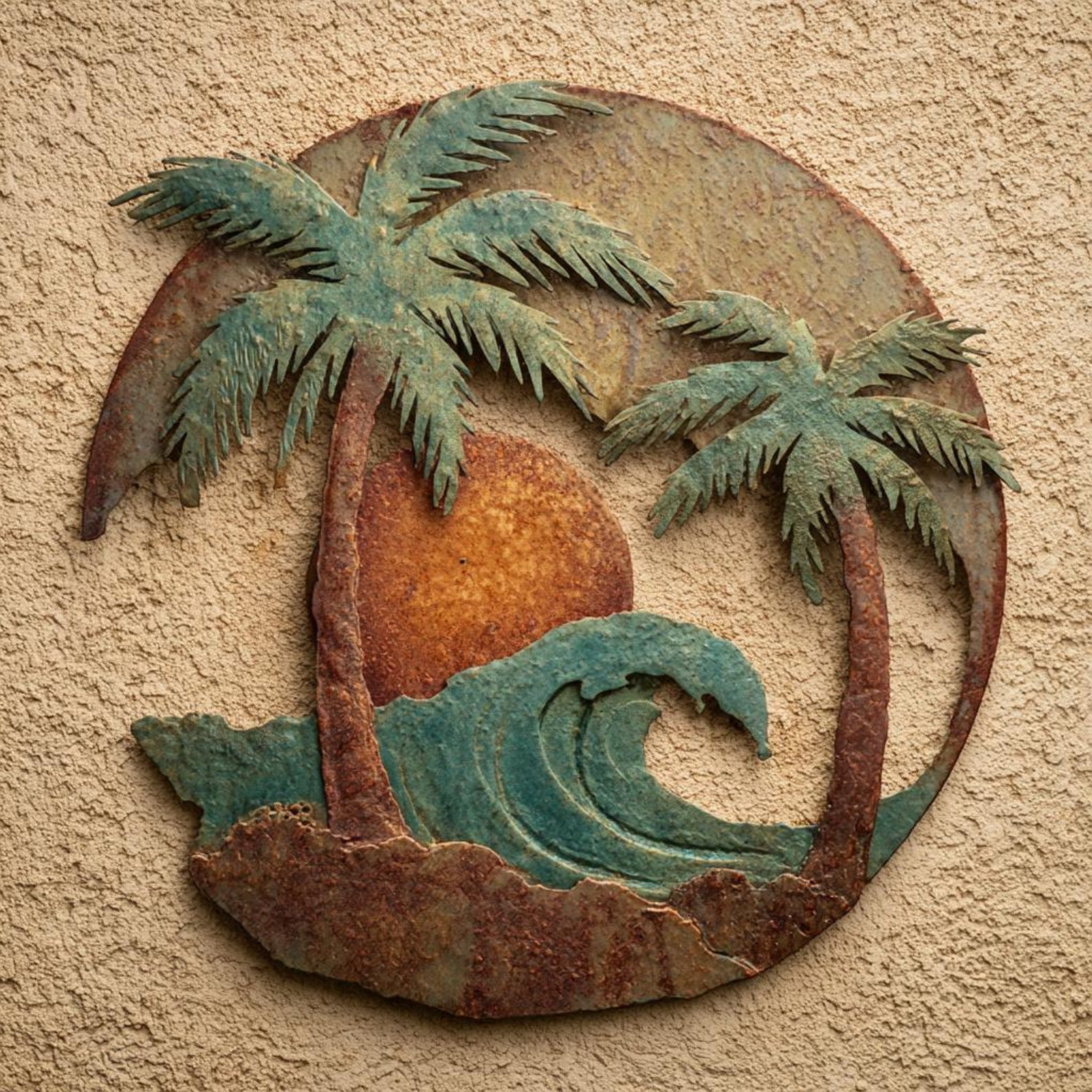 Tropical palm tree metal wall art with ocean wave and sunset design mounted on textured wall 1