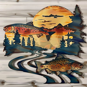 Twin trout fish metal wall art with dual leaping trout winding river mountain golden sunset rustic cabin pine trees wilderness aluminum wall decor 1