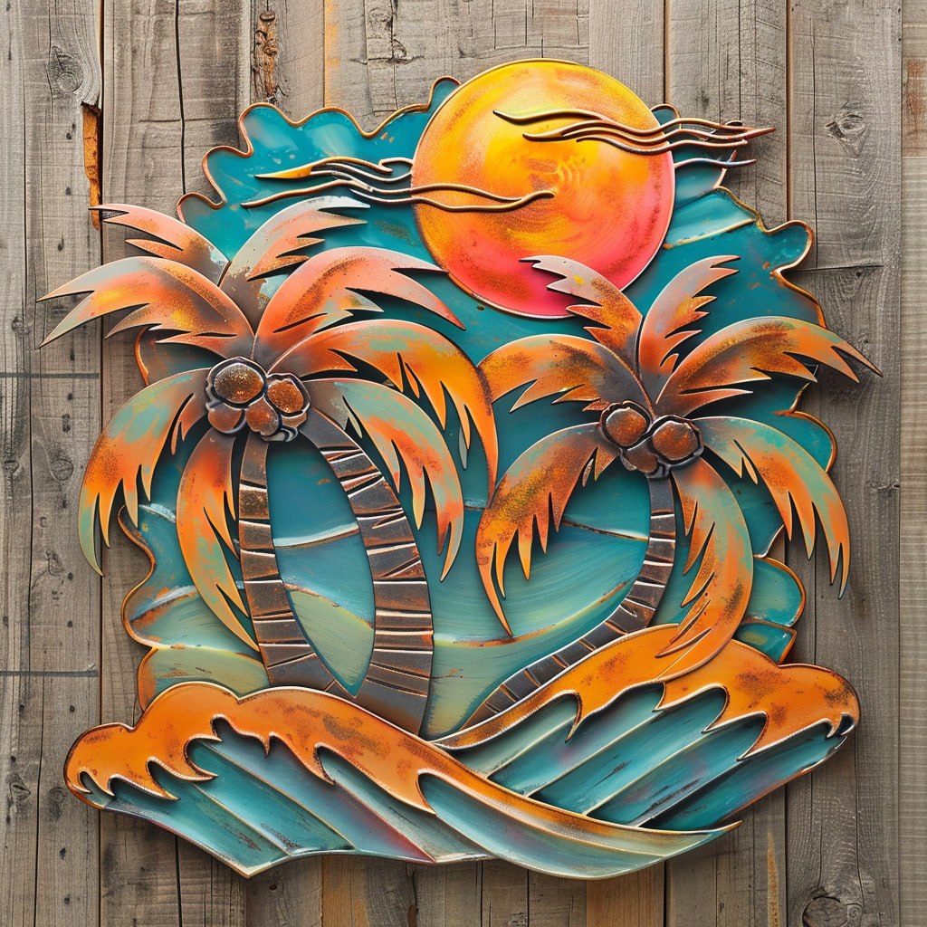 Coconut palm trees metal wall art with tropical coconuts orange sunset sky crashing turquoise waves and beach resort aluminum wall decor 1