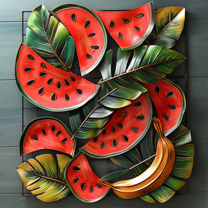 Tropical watermelon and banana metal wall art with lush botanical leaves for summer kitchen decor 1