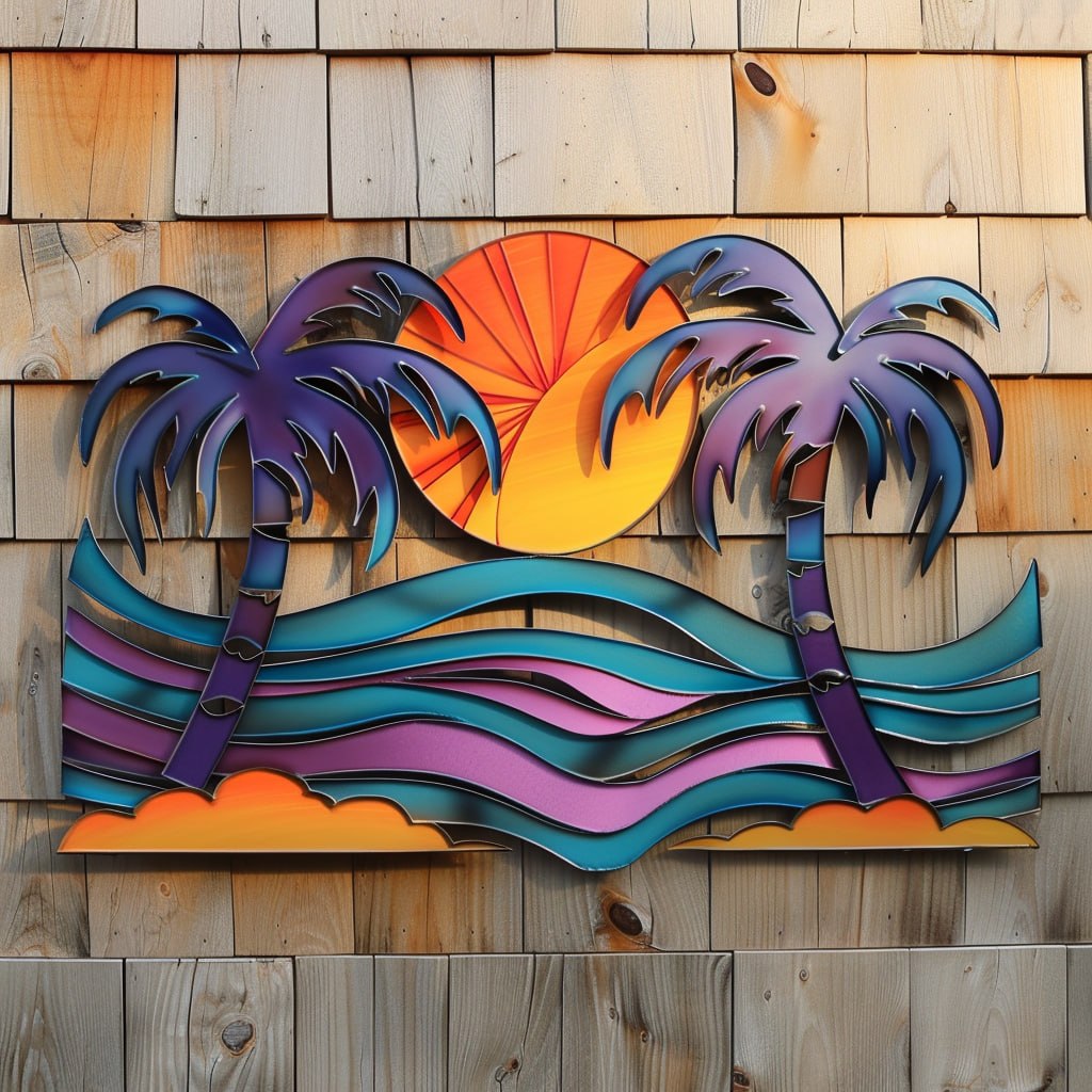 Tropical palm sunset metal wall art coastal beach decor 1