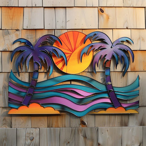 Tropical palm sunset metal wall art coastal beach decor 1