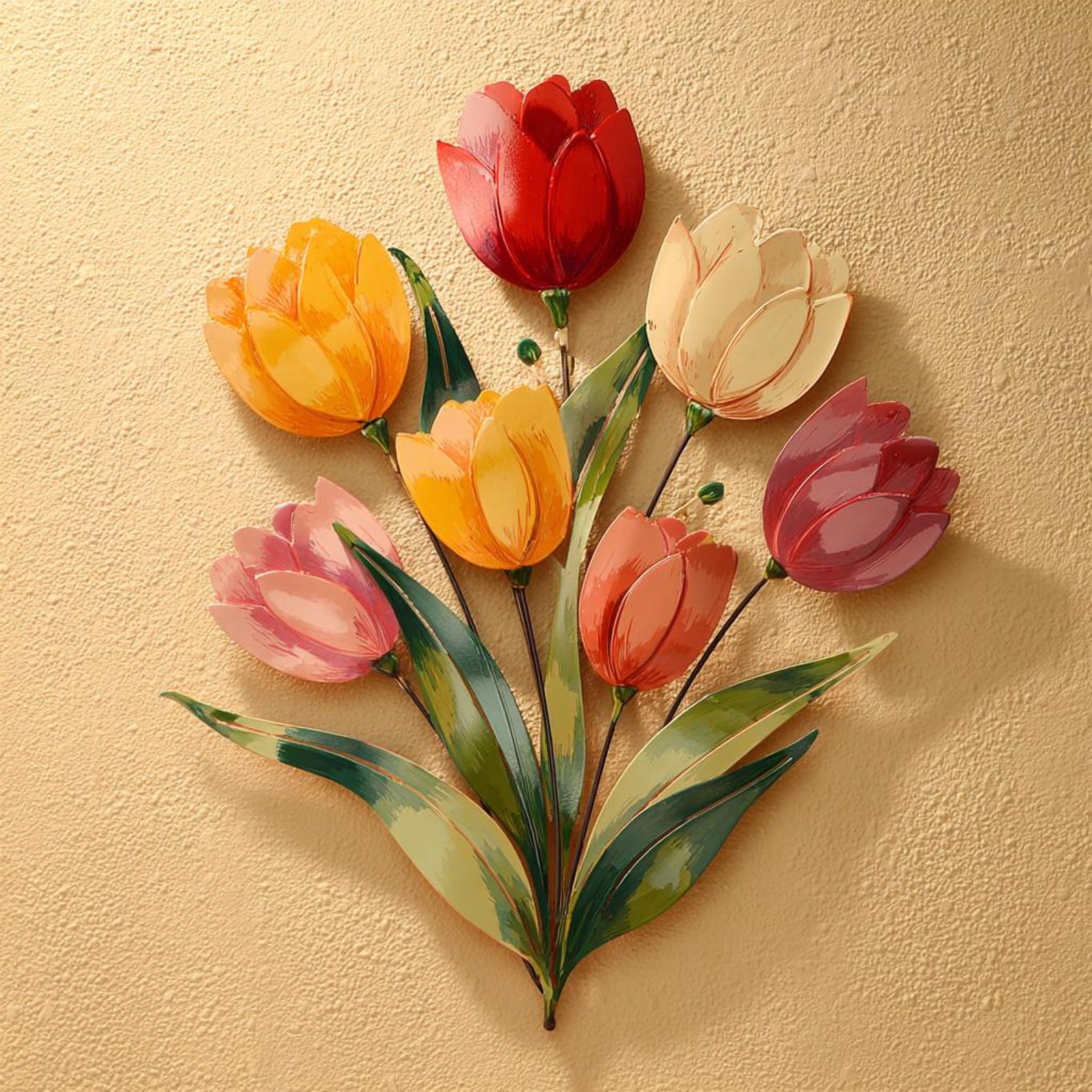 Colorful tulip metal wall art with vibrant floral bouquet mounted on textured wall 1