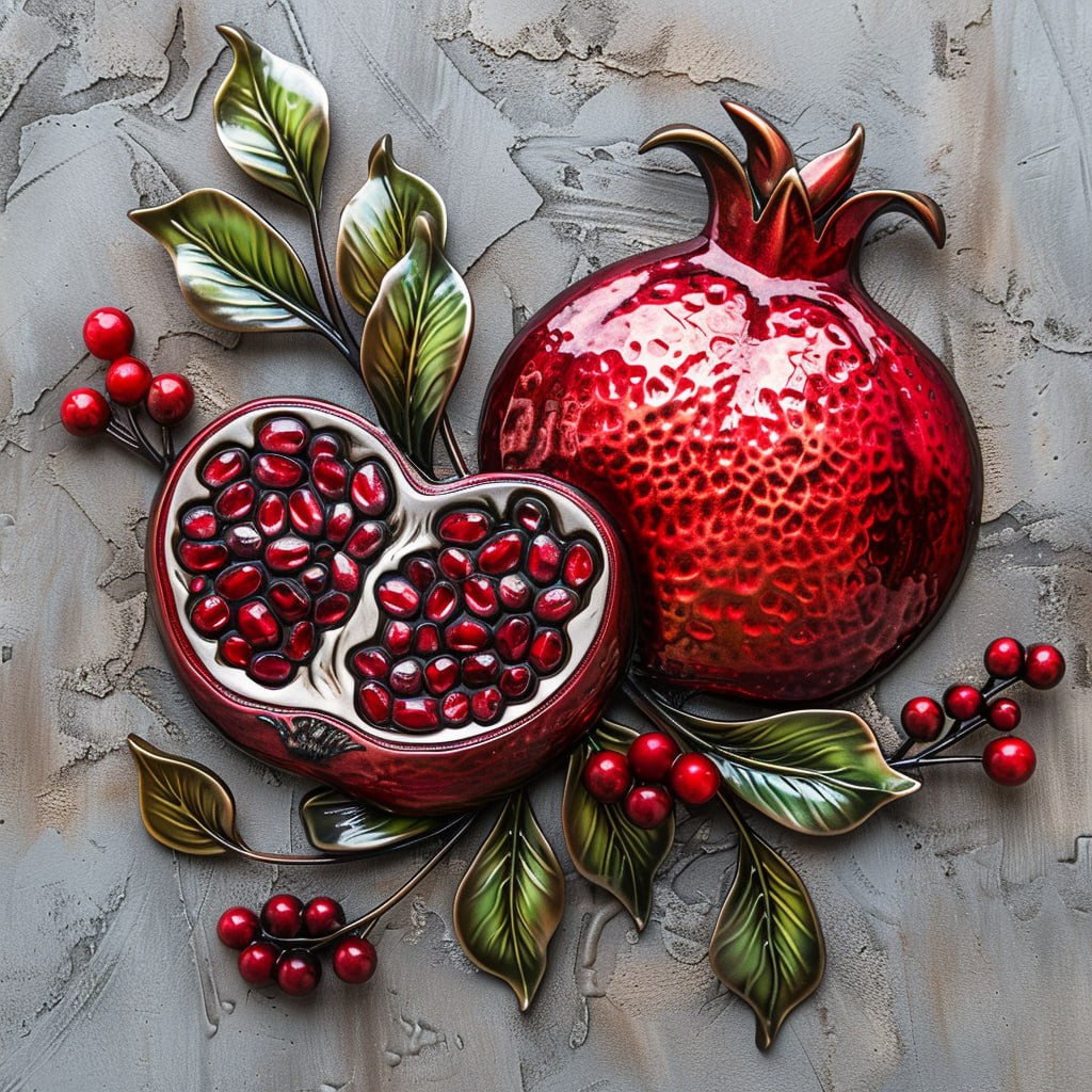Pomegranate metal wall art with vibrant ruby-red fruit and botanical leaves for Mediterranean kitchen decor 1