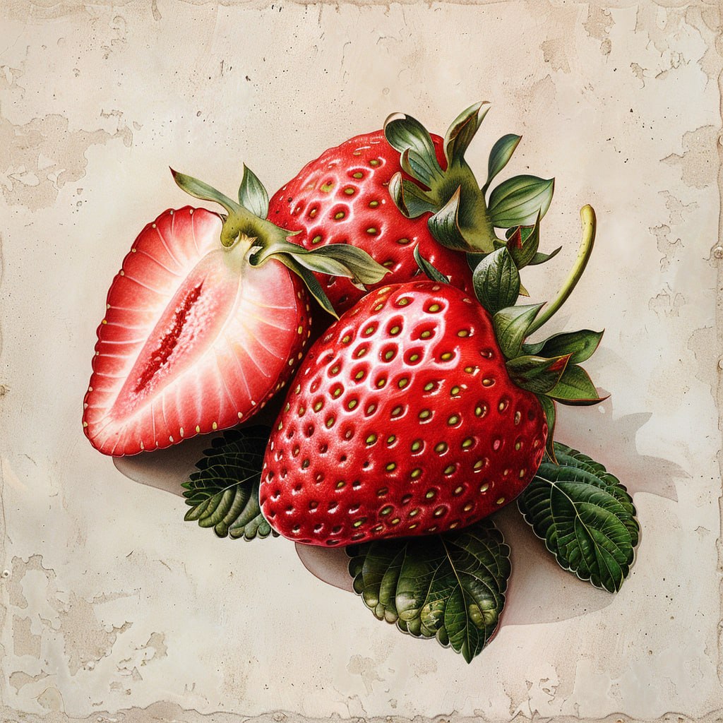 Strawberry botanical metal wall art with vibrant ripe fruit and leafy greenery for farmhouse kitchen decor 1