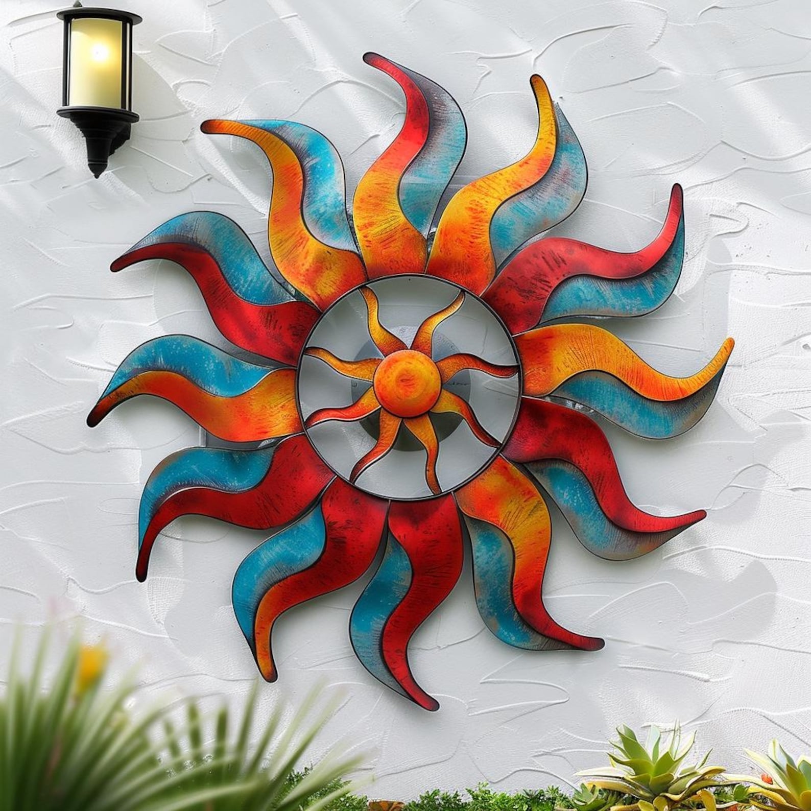 Wavy Sun UV printed aluminum metal wall art for colorful patio garden and outdoor wall decor 2