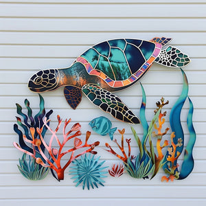 Sea turtle coral reef metal wall art coastal ocean decor 1