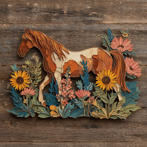 Floral horse metal wall art with wildflowers and rustic farmhouse styling 1