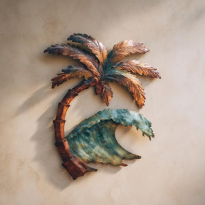 Palm tree ocean wave metal wall art with tropical coastal design mounted on beige wall 1